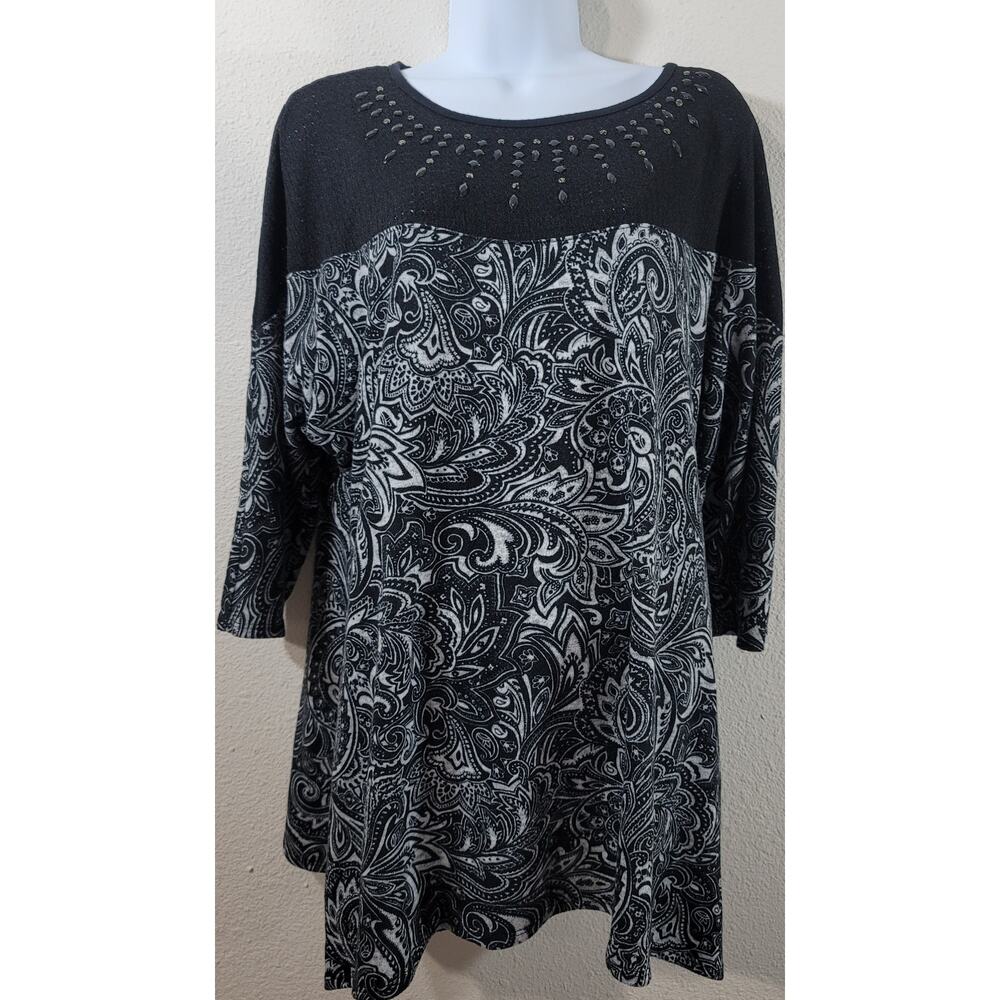 French Blue Woman Black White Rhinestones Top 1X Plus Lightweight Soft Stretchy